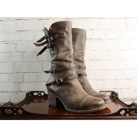 Freebird by Steven Shoes - Freebird by Steven Cooper Stone Leather Boots Women’s 10 – Distressed Mid-Calf